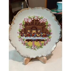 Vintage Last Supper Decorative Plate – Floral Border – Gold Trim – 7”
